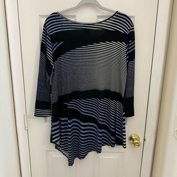 Clara SunWoo Asymmetrical Striped Tunic Top Size Large Blue and Black Artsy - Picture 2 of 6